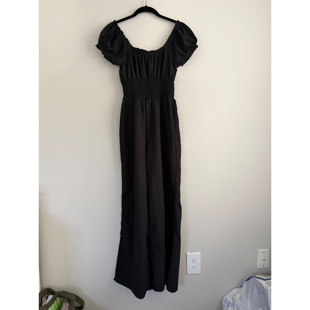 Indulge by Maile Black Smocked Waist Wide Leg Jumpsuit Puff Sleeve Medium